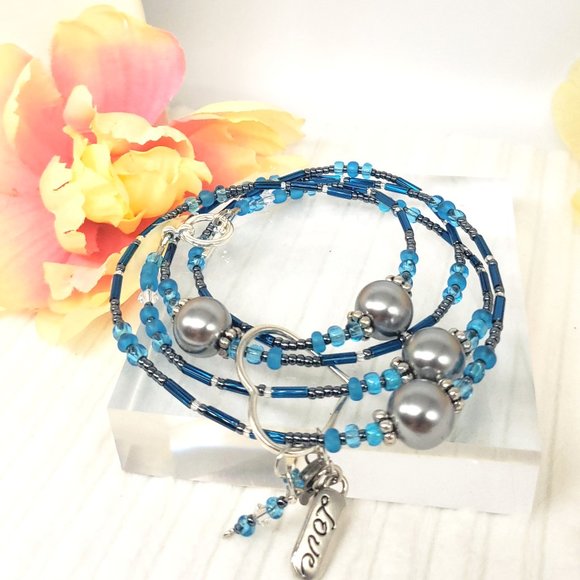 Dark Blue Hematite & Heart Charm Dangle Boho Wrap Bracelet/Necklace Earrings Set - Picture 13 of 17